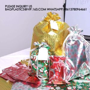 Christmas Gift Bags, Santa Wrapping Bag Designs With Inserted Drawstring Ribbons