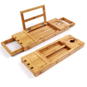 Modern Bath Bamboo Tray Caddy Extendable Bath Rack Tray