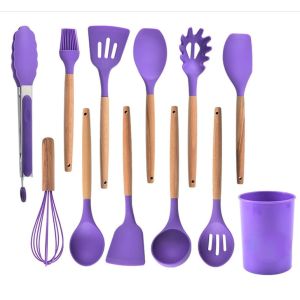 China 12-Piece Silicone Cooking Kitchen Utensil Set With Stand-Wooden Handle Silicone on sale