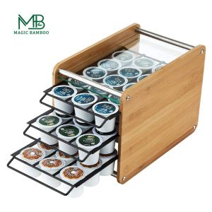 35 Pod Storage Bamboo Coffee K-cups Pods Organizer Display Rack with Three-layer