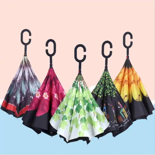 Custom Printed Windproof Inverted Reverse Umbrella with C Handle Advertising Umbrella