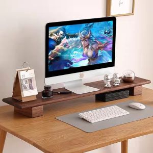 walnut Laptop Monitor Stand Riser - Wooden Desktop Shelf for Computer Laptop