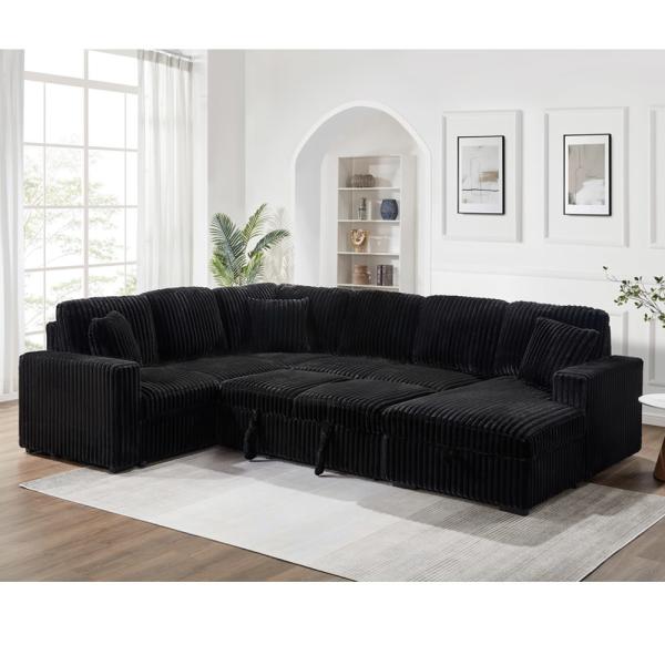 U-Shaped Sectional Sleeper Sofa with Pull Out Bed and Storage Chaise Lounge and USB Charging Port, Black Corduroy Fabric
