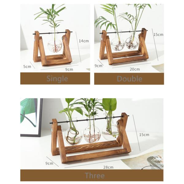 Desktop Glass Planter Plant Terrarium with Retro Solid Wooden Stand and Metal Swivel Holder for Home Office Decorations