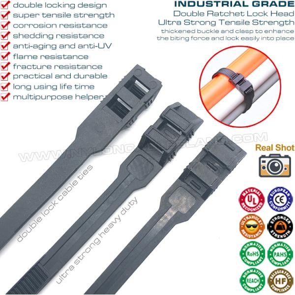 Double Locking Cable Ties/Double Flat-Head Cable Ties, Black, Nylon (PA) 6.6, 760x9mm, 110lbs, 500N, Ø20~220mm, Outdoor Use