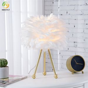 14.5" Tripod Metal Body Bedside Table Lamp White Feather