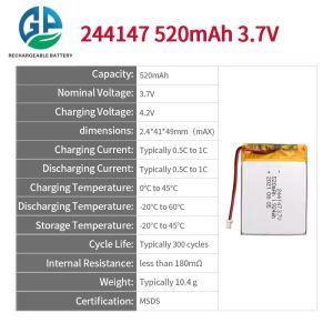 3.7v 520mah KC Approved Li Polymer Battery 244147 Battery 3.7V Mini Rechargeable