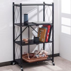 Black 4 Layer Folding Mobile Steel Shelving Unit Paint Spraying
