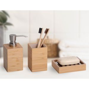 3Pcs Natural Bamboo Soap Dispenser Set Customized for Bathroom