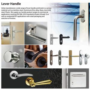 Stainless steel door handle on a spring loaded backplate for UK size lever lock