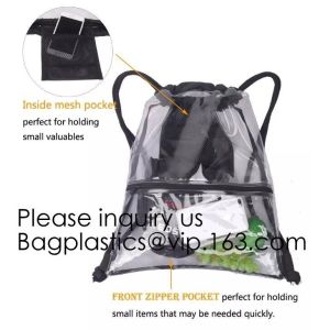 Clear Drawstring Bag - PVC Drawstring Backpack with Mesh Side Pockets for School