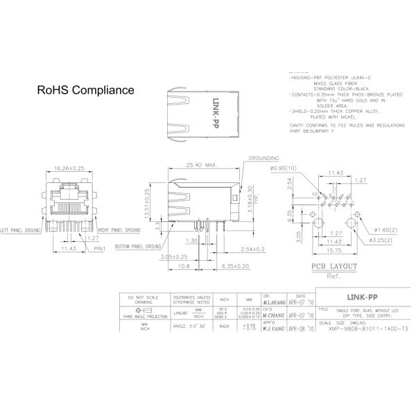 10 / 100 MAG Side Entry POE RJ45 Connector Cross XMP-9808-81011-140D-T3