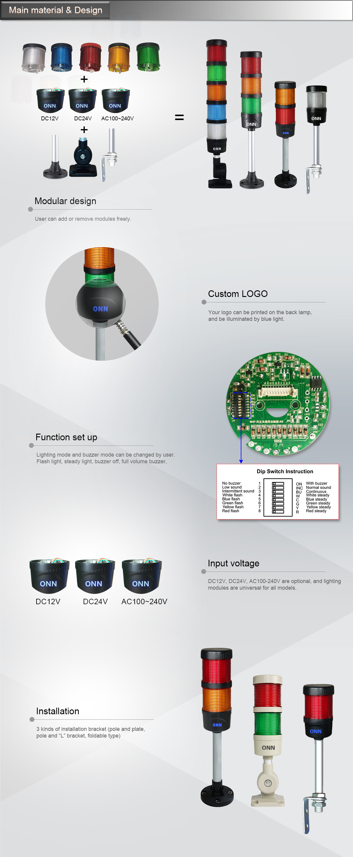 ONN-M4F Modular LED Stack Light With DIP Switch Adjustable Flash Buzzer For CNC Automation