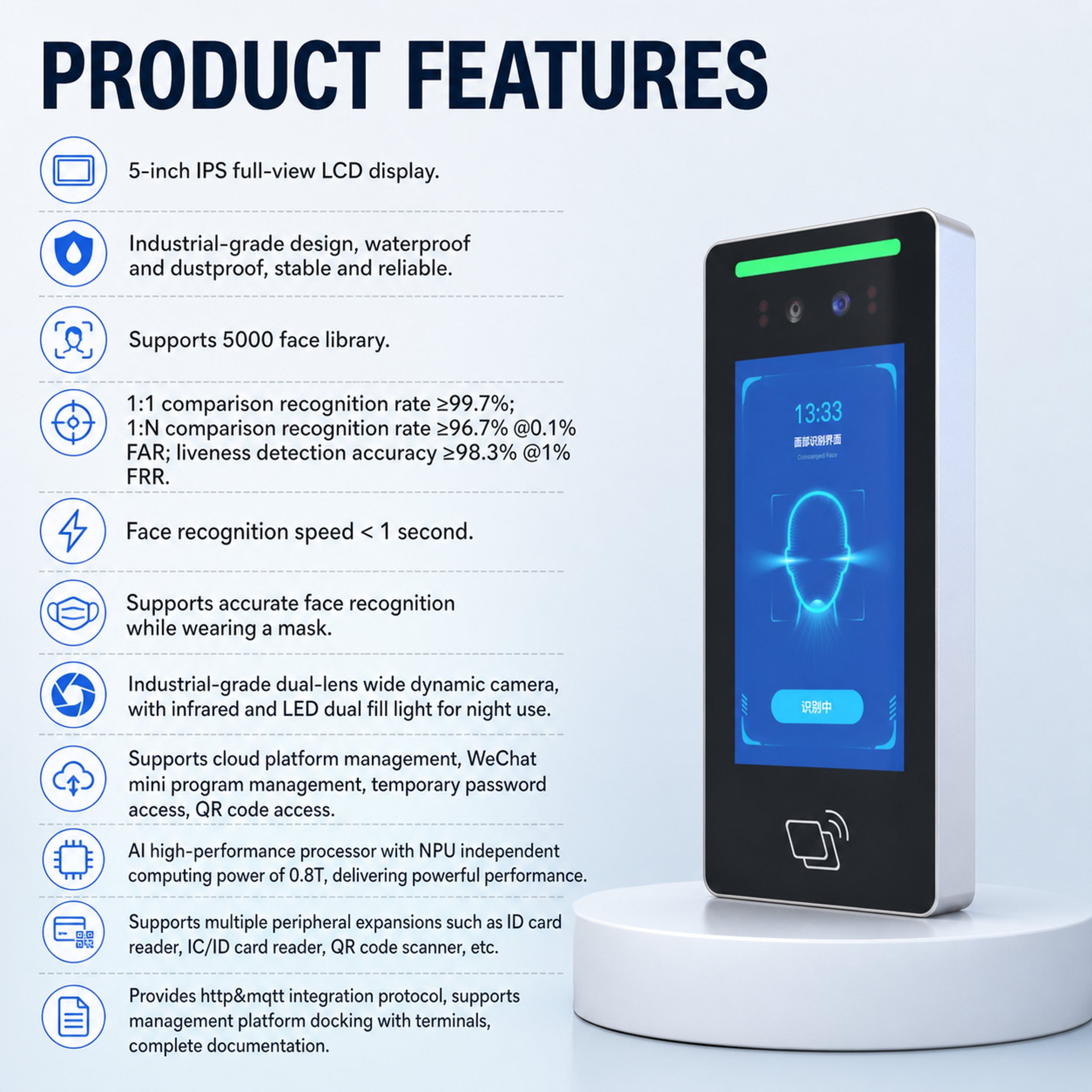 5" Wall Mount Face Recognition Time Clock with Card Swipe Access Control