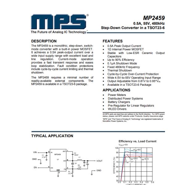 MP2459GJ-Z Buck Switching Regulator IC Positive Adjustable 0.81V 1 Output 500mA SOT-23-6 Thin, TSOT-23-6
