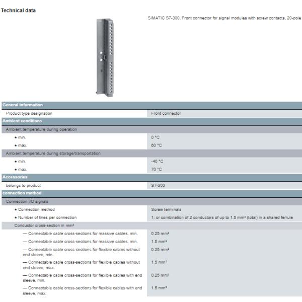 6ES7392-1AJ00-0AA0 Siemens SIMATIC S7-300 Front Connector for Signal Modules with Screw Contacts