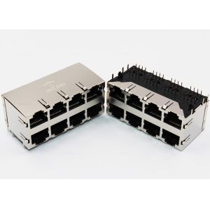 Shielded 2 x 4 Ports RJ45 Modular Jack Connector R / A THT Mounting With EMI