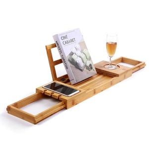 Modern Bath Bamboo Tray Caddy Extendable Bath Rack Tray
