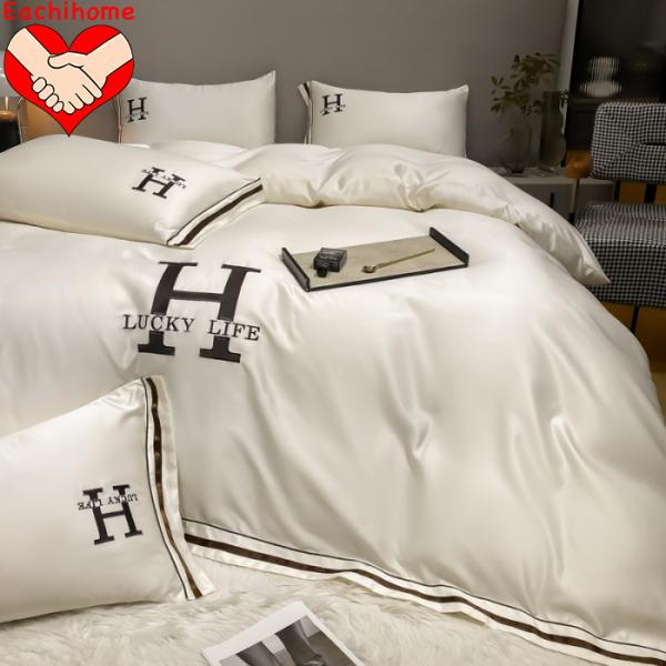 Customized HOT SEAL H Embroidered Washed Silk Four Pieces Bedding Set for All-Season