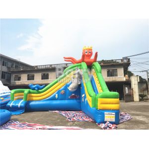 Green Castle Theme Waterproof Inflatable Pool With Octopus Slide On Ground