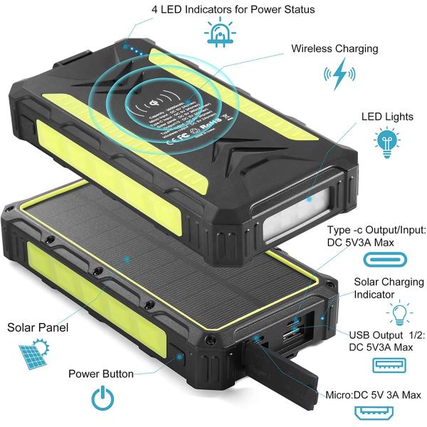 Fast Charging Wireless Solar Power Battery Bank 30000mAh High Capacity