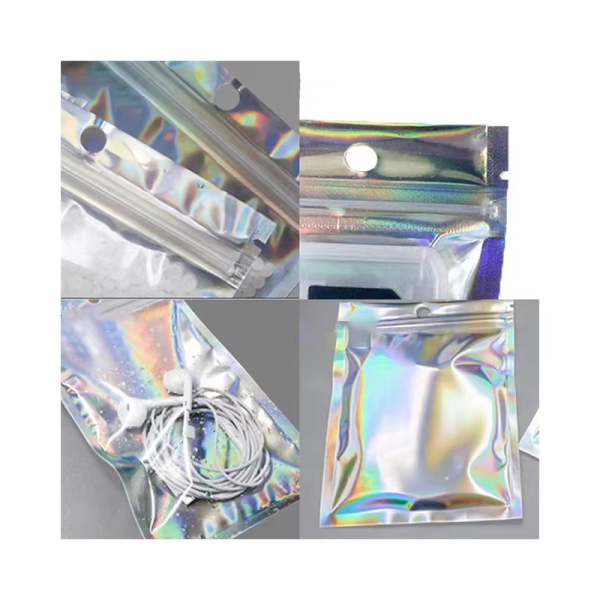 Factory Customized Rainbow Color Flat Dust Resistant Plastic Clear Laser Holographic Zipper Bag Mylar Bag