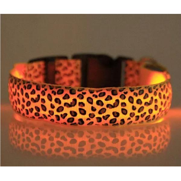 Durable leopard print dog cat safety LED light glow flashing nylon pet necklace collar supplies