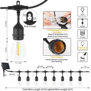 Outdoor Hanging LED Solar String Lights, Vintage Edison Bulbs, Solar Bulb String