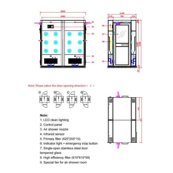 304 stainless steel heavy duty air shower | 1240x2000x2100mm Specifications | Dual airflow design