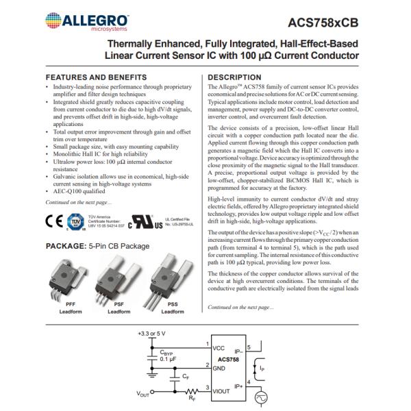 ACS758LCB-100U Current Sensor IC 100A 1 Channel Hall Effect Open Loop Unidirectional 5-CB