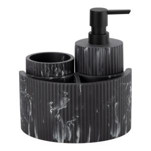 Black Marble Print Polyresin Bathroom Accessories Set Ribbed Vertical Fringe