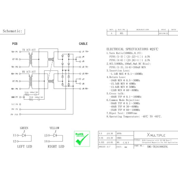 Single Port PoE 10 / 100 Gigabit MAG Side Entry Shielded , XMG-TRJ4190GENL