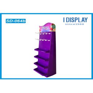 Purple Advertising Cardboard Peg Hook Display Rack With 4 Pallet