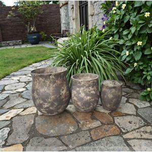 Gray Dotted With Beige Mottlings Round Fiber Clay Planter Planting Trees
