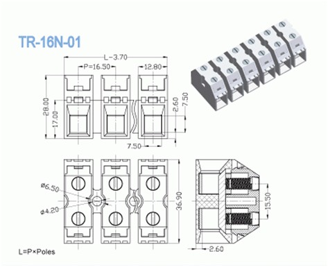 Pitch 16.50mm 600V 85A Panel Mount Terminal Block For Switch , Power Supply
