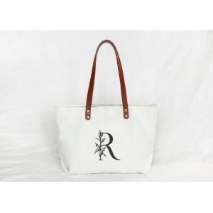 Reusable Cotton Tote Bag , Canvas Shopper Tote With Leather Handles
