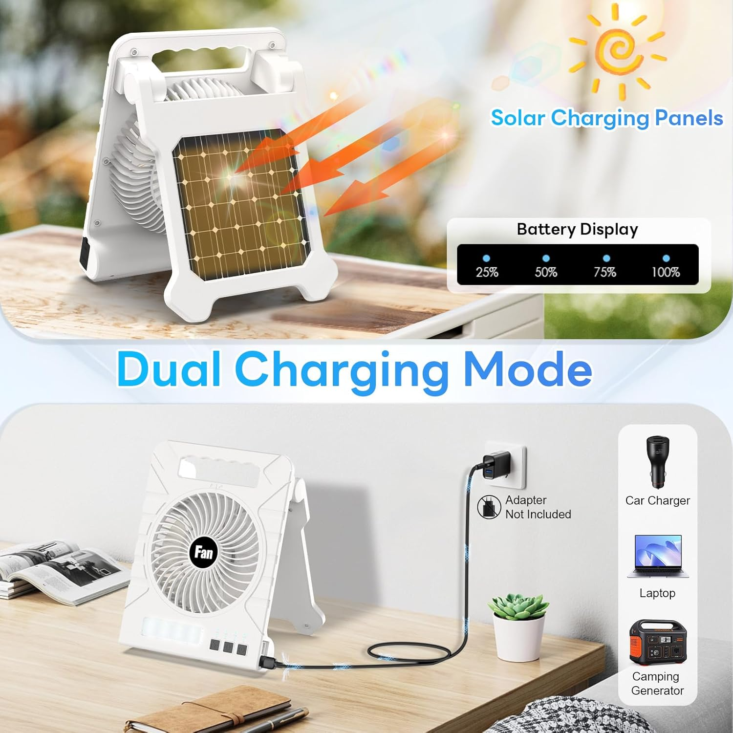 Outdoor All-Rounder,Solar/USB-C Dual Charging ,Four-Speed Camping Fan Light (with Emergency Power Supply)