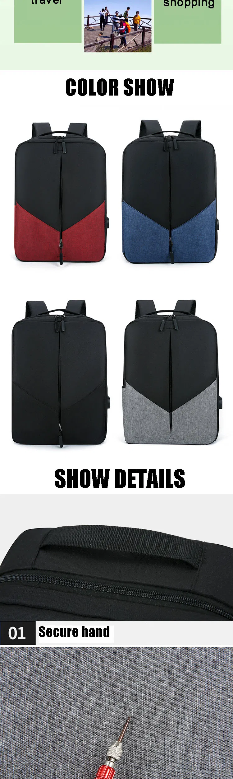 Waterproof Laptop Backpack 30x12x41cm with USB Charging Port