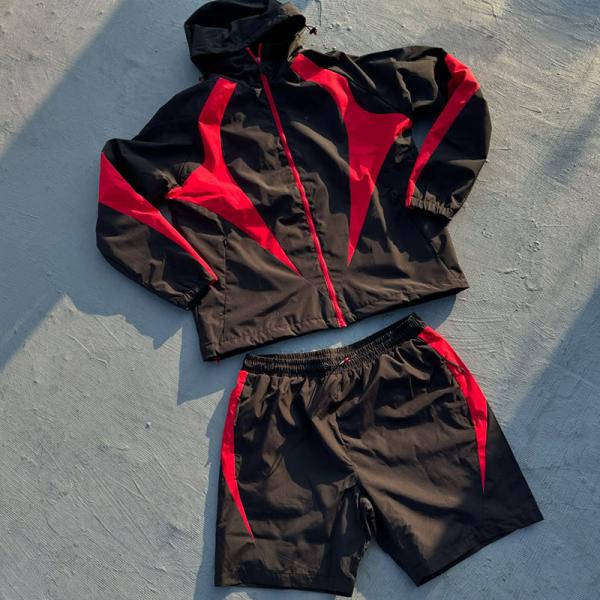 Quality Custom Nylon Windbreaker Short Set Hoodie and Shorts Tracksuit Suit Plaid Pleated Fabric 2 Piece Zip up Jacket and Shorts Set for sale
