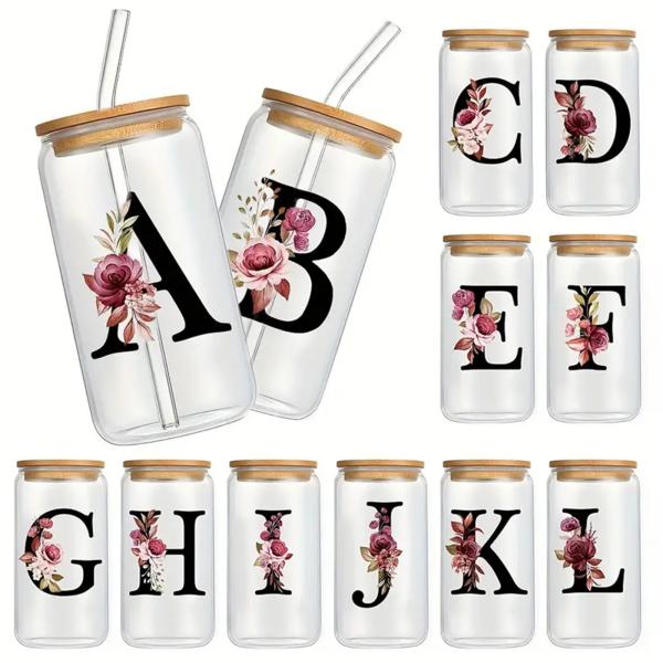 Exquisite Customized Logo 16oz Sublimation Glass Water Bottle Clear Floral Letters Coke Can Glass Cups With Bamboo Lid And Straw 8*15cm