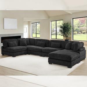 Sectional Modular Sofa, Black Corduroy Fabric