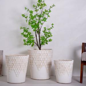 Smooth Honeycomb Pattern Neutral Beige Round Fiber Clay Planter