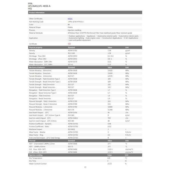PPA Basic Innovation United States UFL-4036 HS insulated electrical parts High temperature electrical socket parts