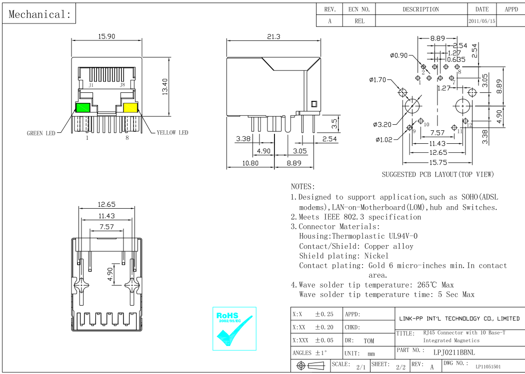 LF1S028-XX Magnetic RJ45 Jack WITH 10 BASE-T FILTER LPJ0211BBNL Media Server