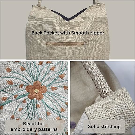 Embroidered Handbags for Women, Large Beads Flower Shoulder Tote Bag with Zipper Fabric Hobo Bags, Mother's Day Bag