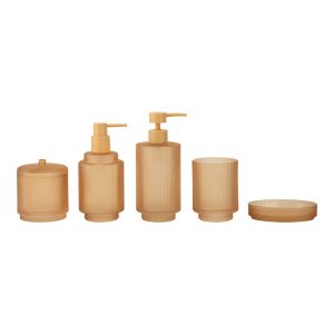 Frosted chili glass bathroom accessories set round shape with vertical stripe and small step soap dish for bathroom glass soap dispenser cotton jar