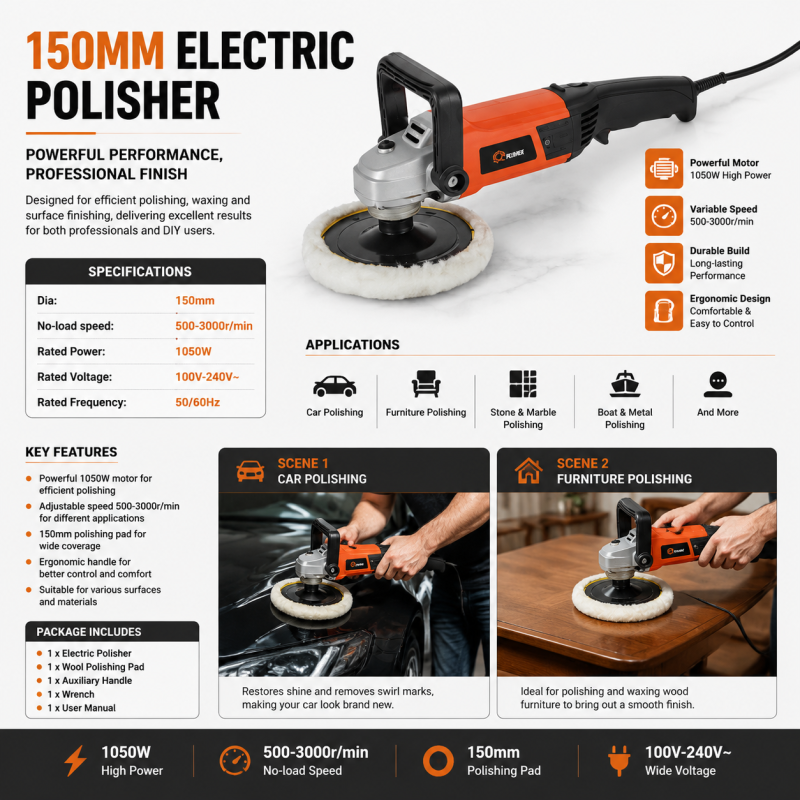 150mm Electric DIY Car Polisher Variable Speed Rotary Buffer Waxing Machine 1050W Dual Voltage for Auto Boat Marble Furniture