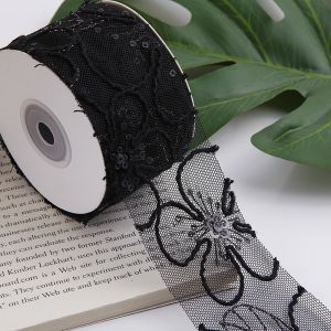 50mm Shinny Polyester Mesh Ribbon With Floral Jacquard Ribbon