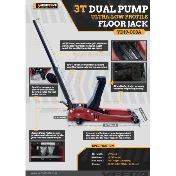 Workshop 3T Dual Pump Floor Jack Quick Lifting