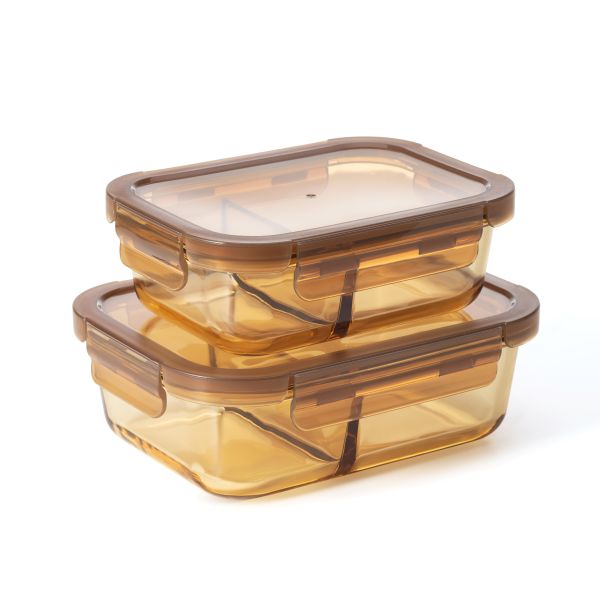 Amber Color Divided Glass Container with 4 Lock PP Lid and High Borosilicate